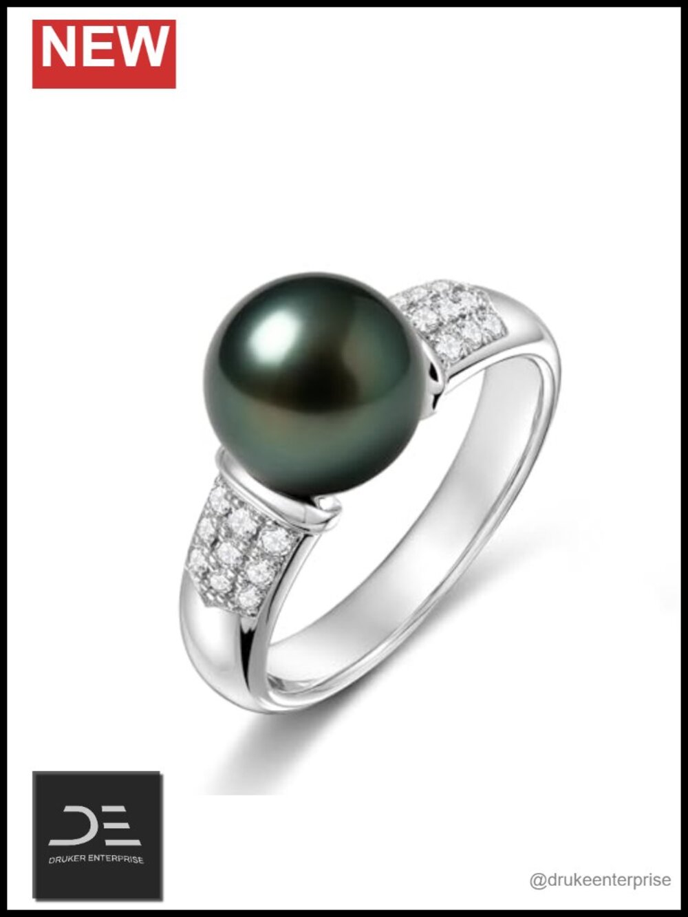 Genuine Tahitian Black Pearl Ring - 925 Sterling Silver 18k White Gold Plated,